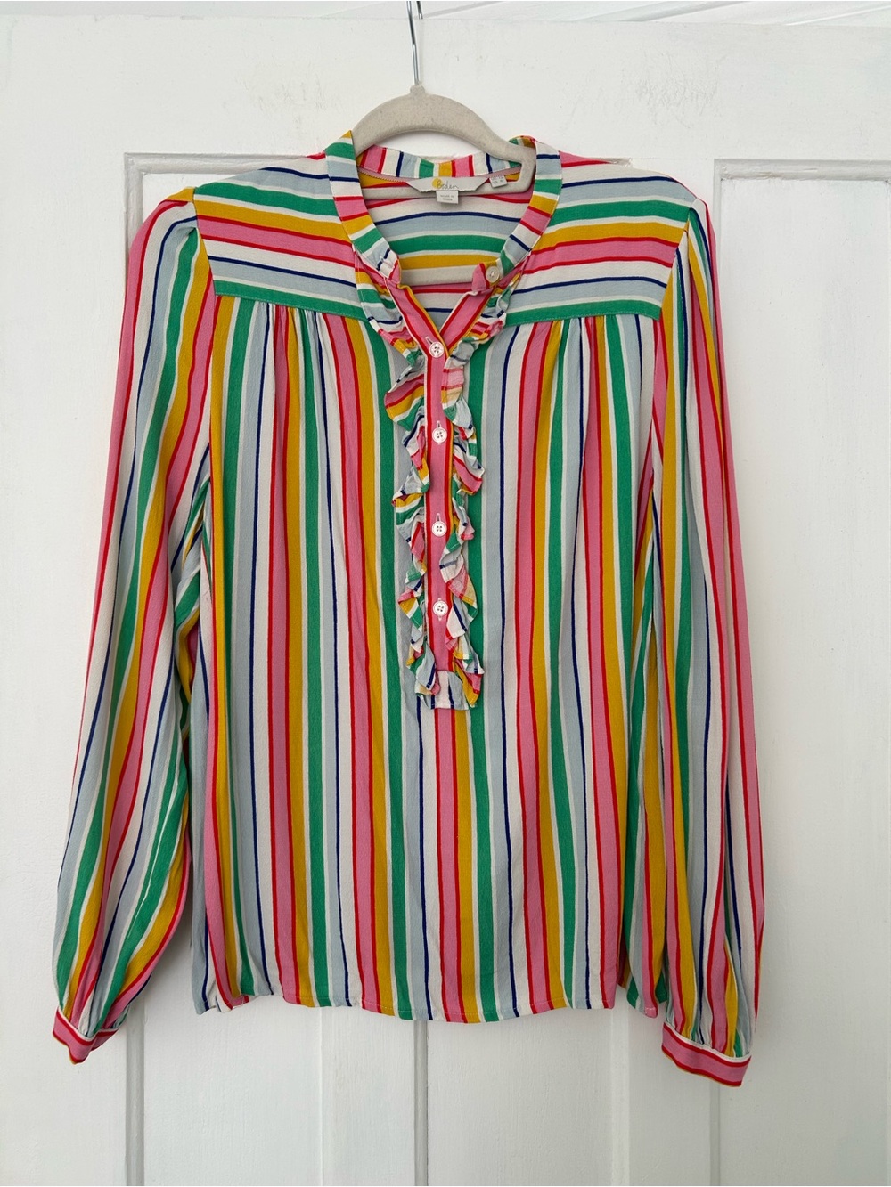 Boden Multicolor Striped Ruffle Blouse – Long Sleeve – Size 8